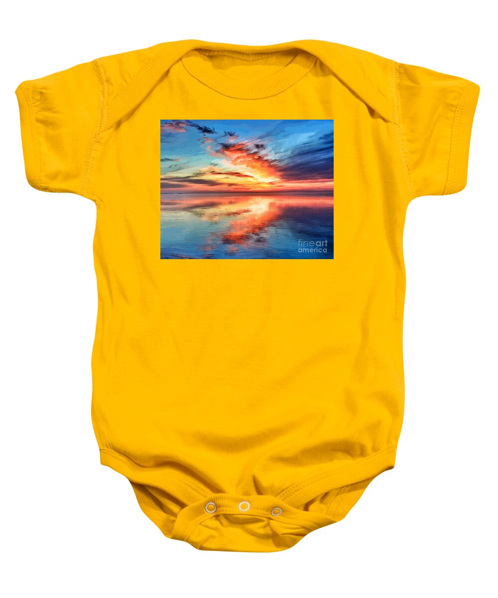 Sun Baby Onesie featuring the painting Sunset Lake Reflection by Jackie Case
