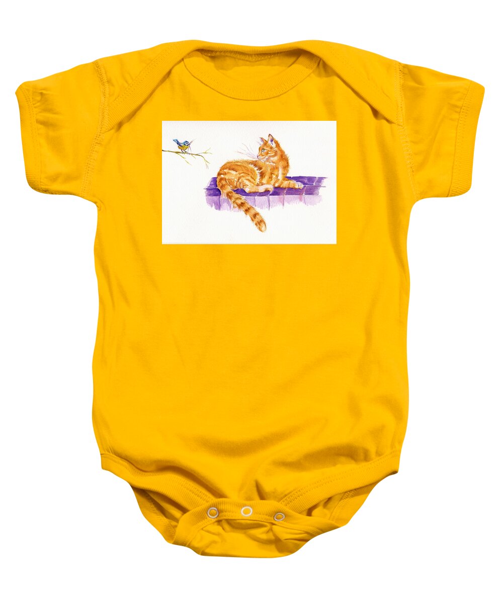 Blue Tit Baby Onesie featuring the painting Ginger Cat - The New Neighbour by Debra Hall