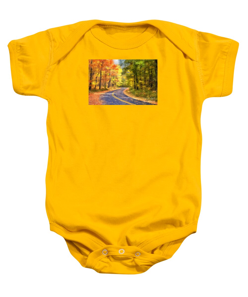 Autumn Landscape Baby Onesie featuring the photograph The Sunny Side Of The Street by Lois Bryan