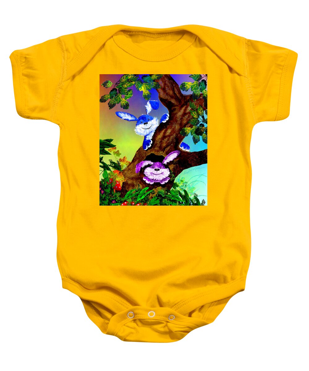 Treehouse Bunny Baby Onesie featuring the painting Treehouse Bunnies by Hanne Lore Koehler