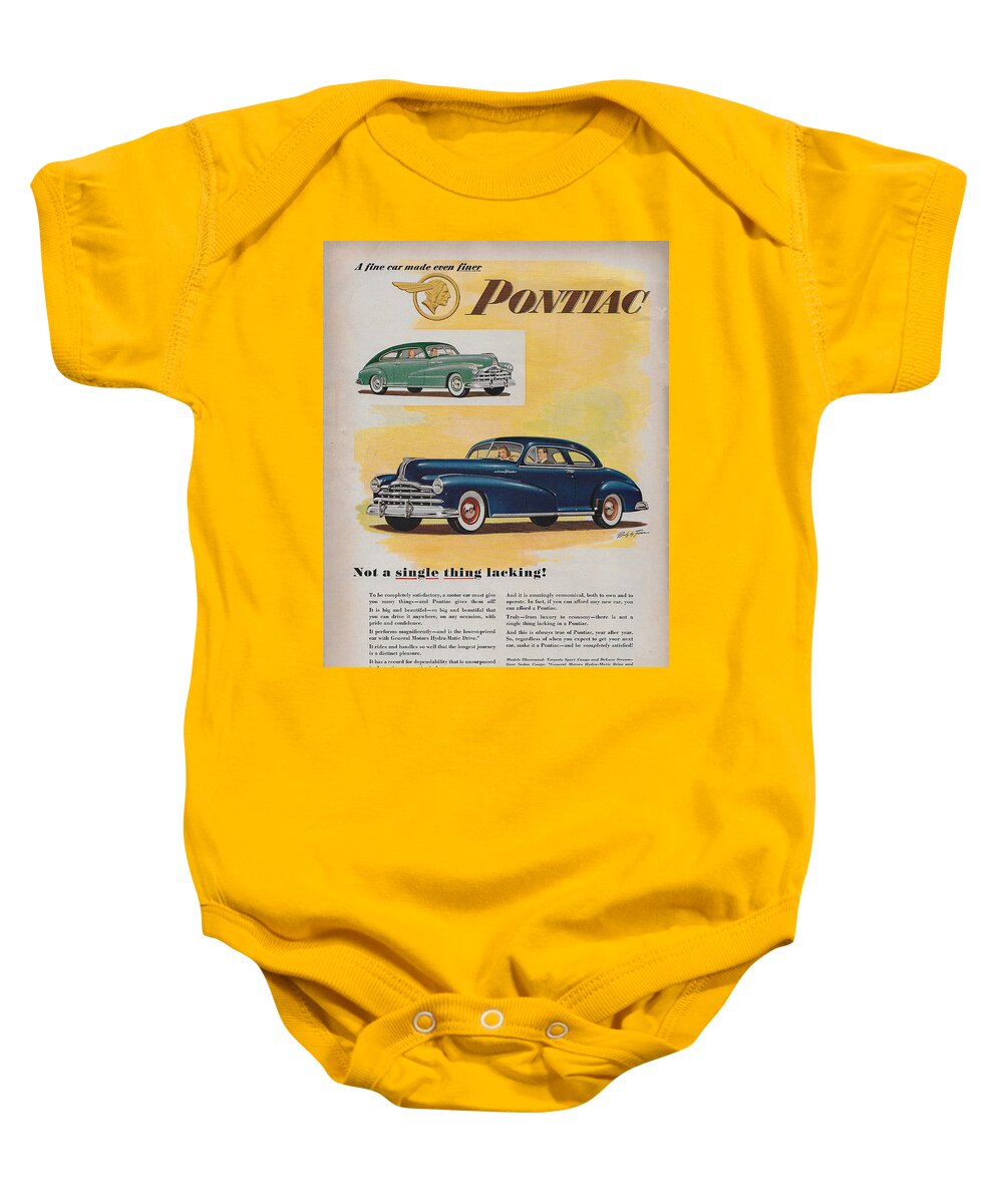 James Smullins Baby Onesie featuring the mixed media Vintage 1940's Pontiac ad by James Smullins