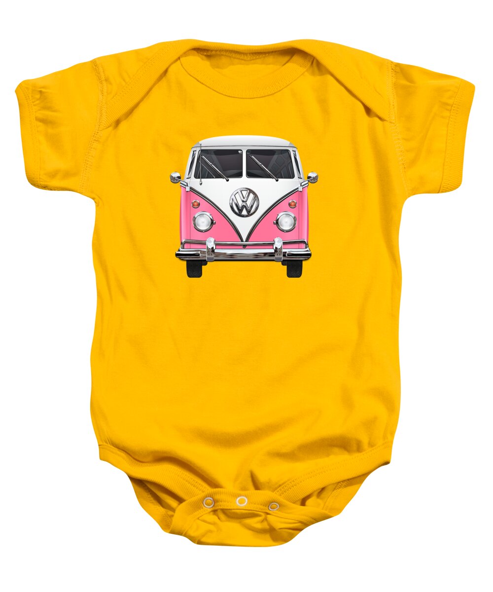 'volkswagen Type 2' Collection By Serge Averbukh Baby Onesie featuring the digital art Volkswagen Type 2 - Pink and White Volkswagen T 1 Samba Bus on Yellow by Serge Averbukh