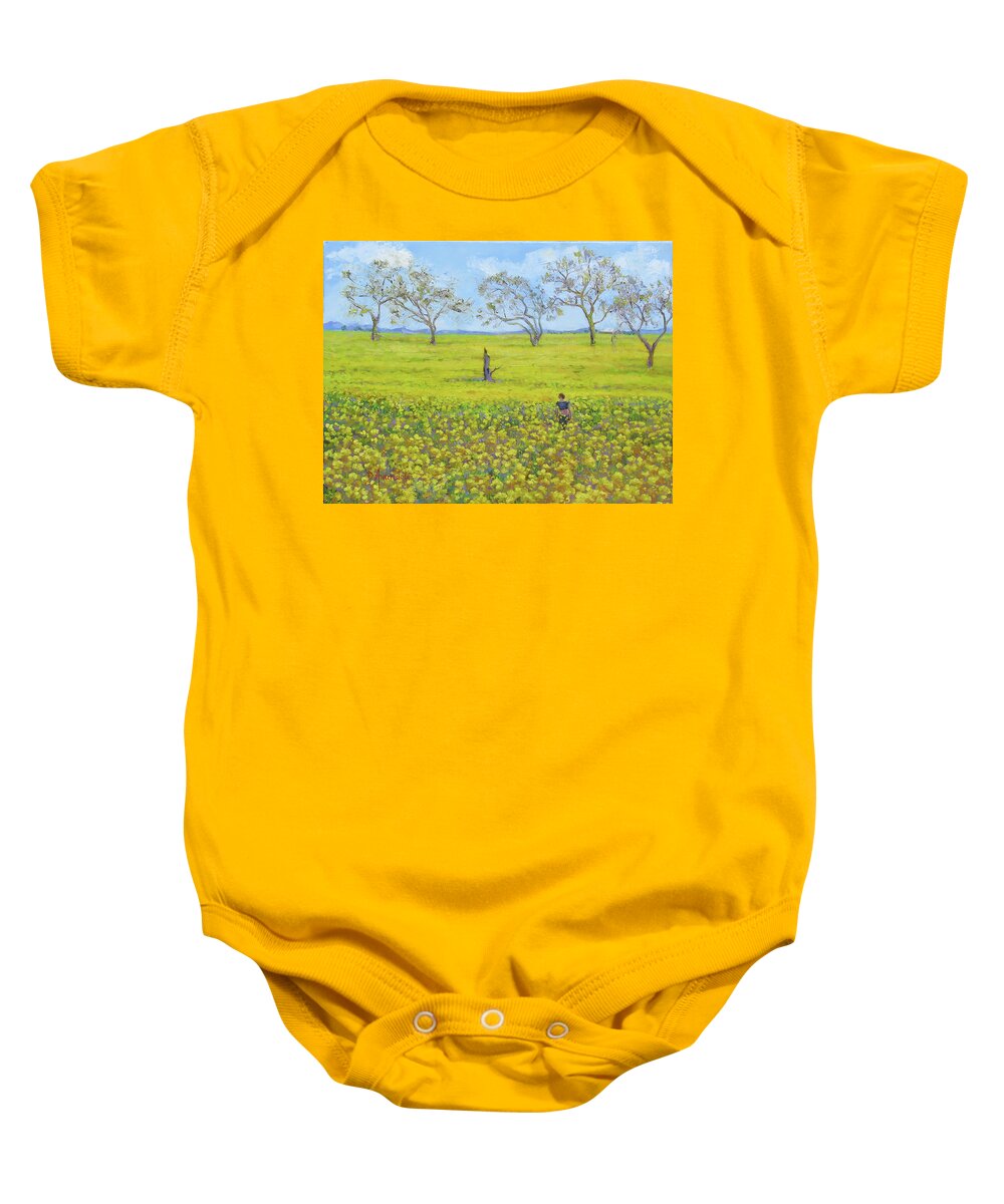 Landscape Baby Onesie featuring the painting Walking In The Mustard Field by Dominique Amendola