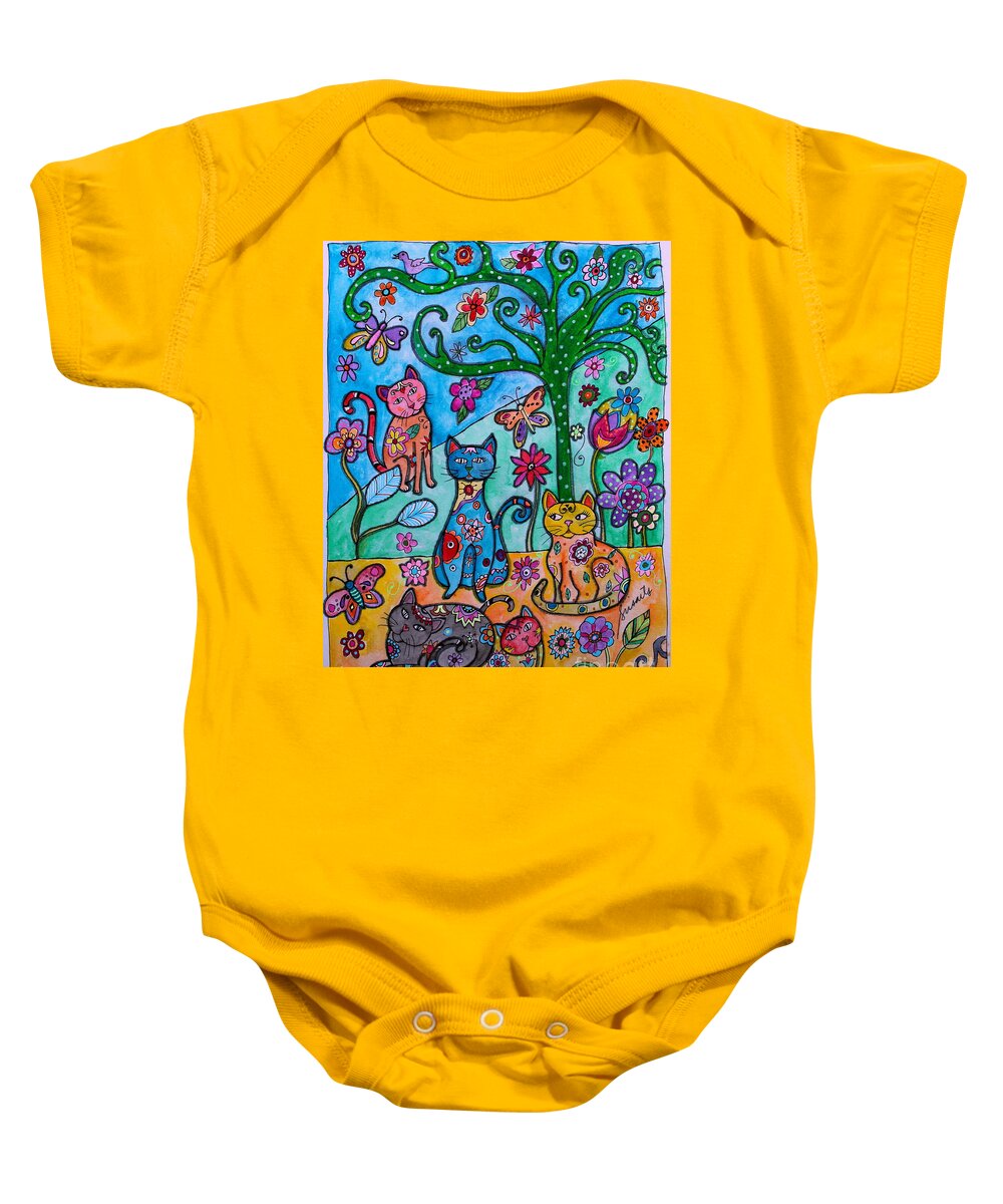 Gato Baby Onesie featuring the painting Whimsical Cats by Pristine Cartera Turkus