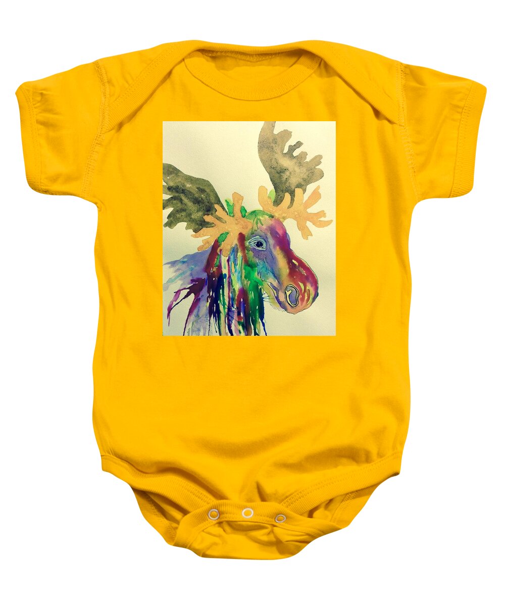 Moose Baby Onesie featuring the painting Whimsical Moose - Multicolored by Ellen Levinson