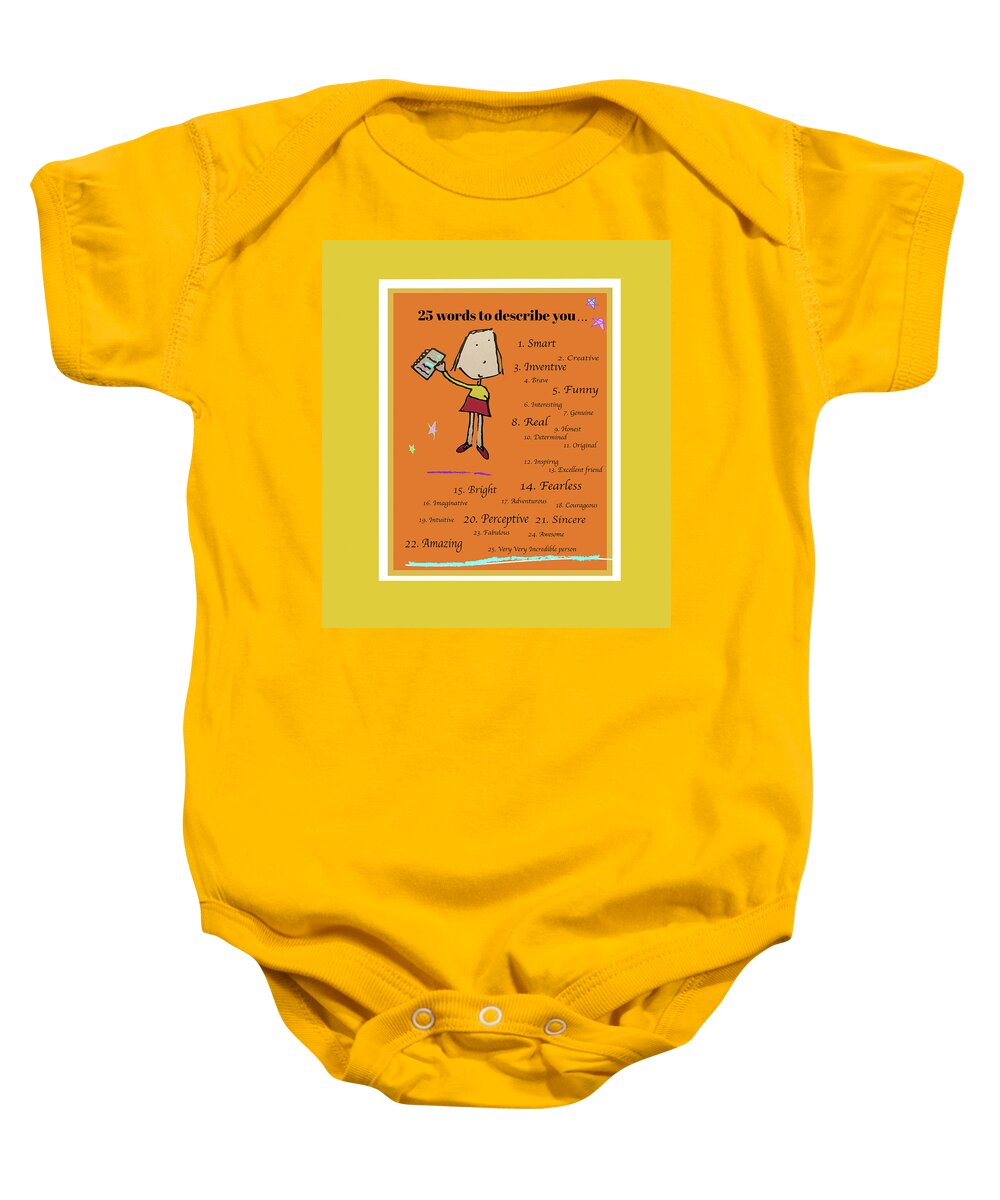 Girl Character Baby Onesie featuring the drawing 25 Words To Describe You by Ashley Rice