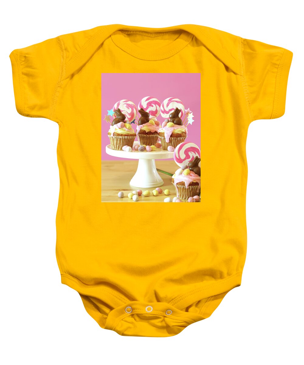 Easter Baby Onesie featuring the photograph Easter theme candy land drip cupcakes in party table setting. #3 by Milleflore Images