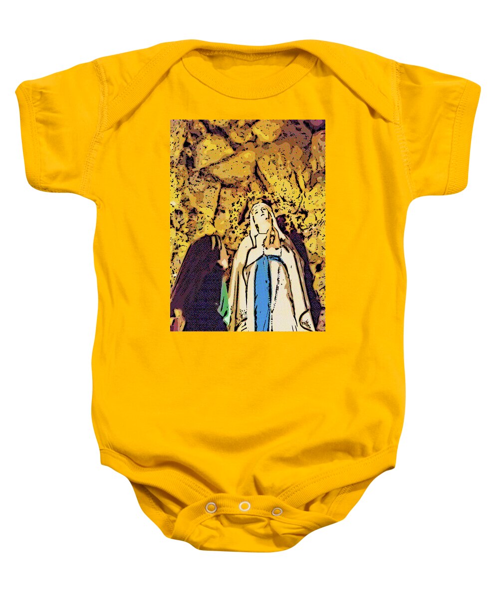 Apparition Baby Onesie featuring the photograph apparition of the Blessed Virgin Mary in the cave of Lourdes by Vivida Photo PC