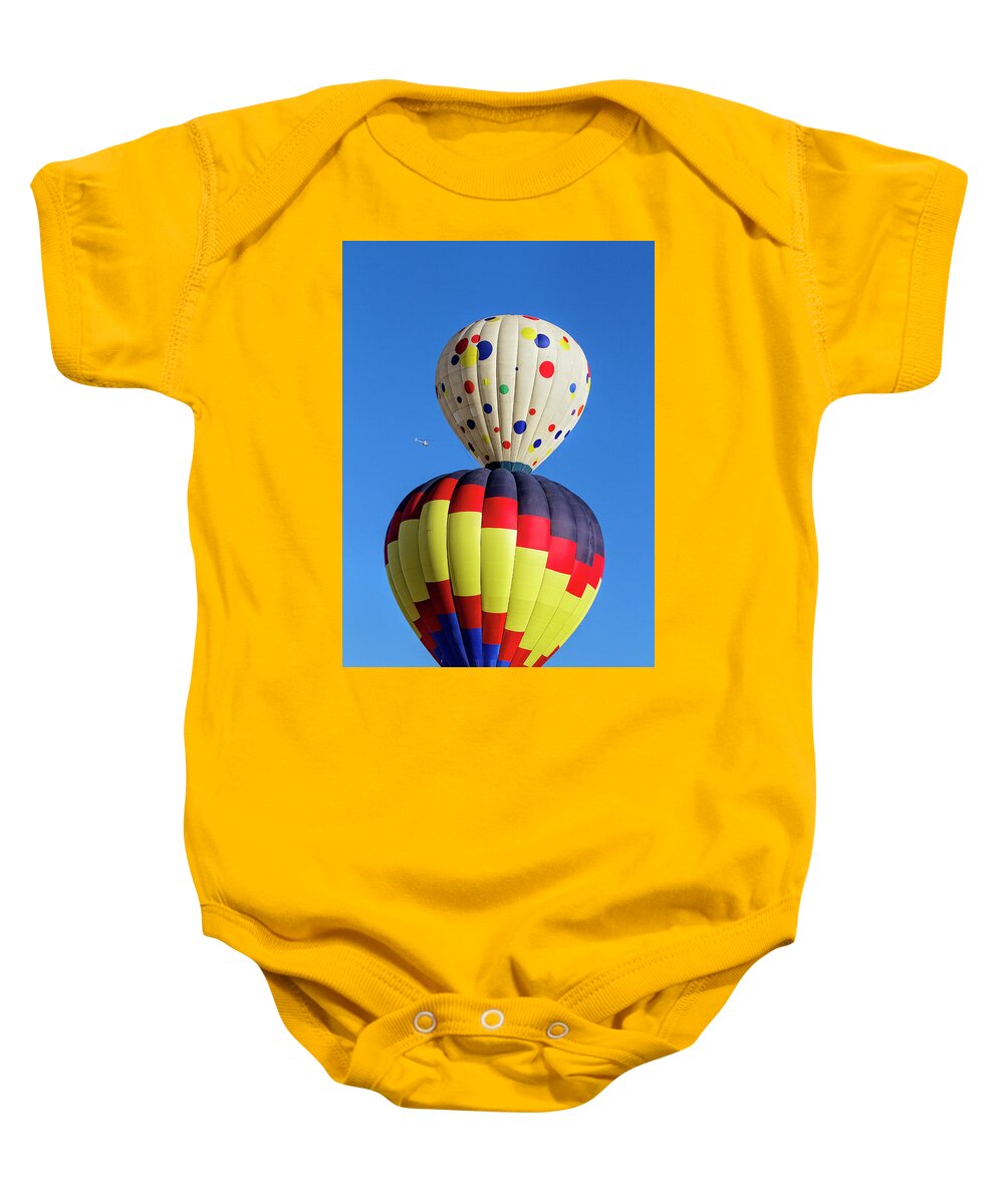 Balloons Baby Onesie featuring the photograph Balloons and Helicopter by Deborah Penland