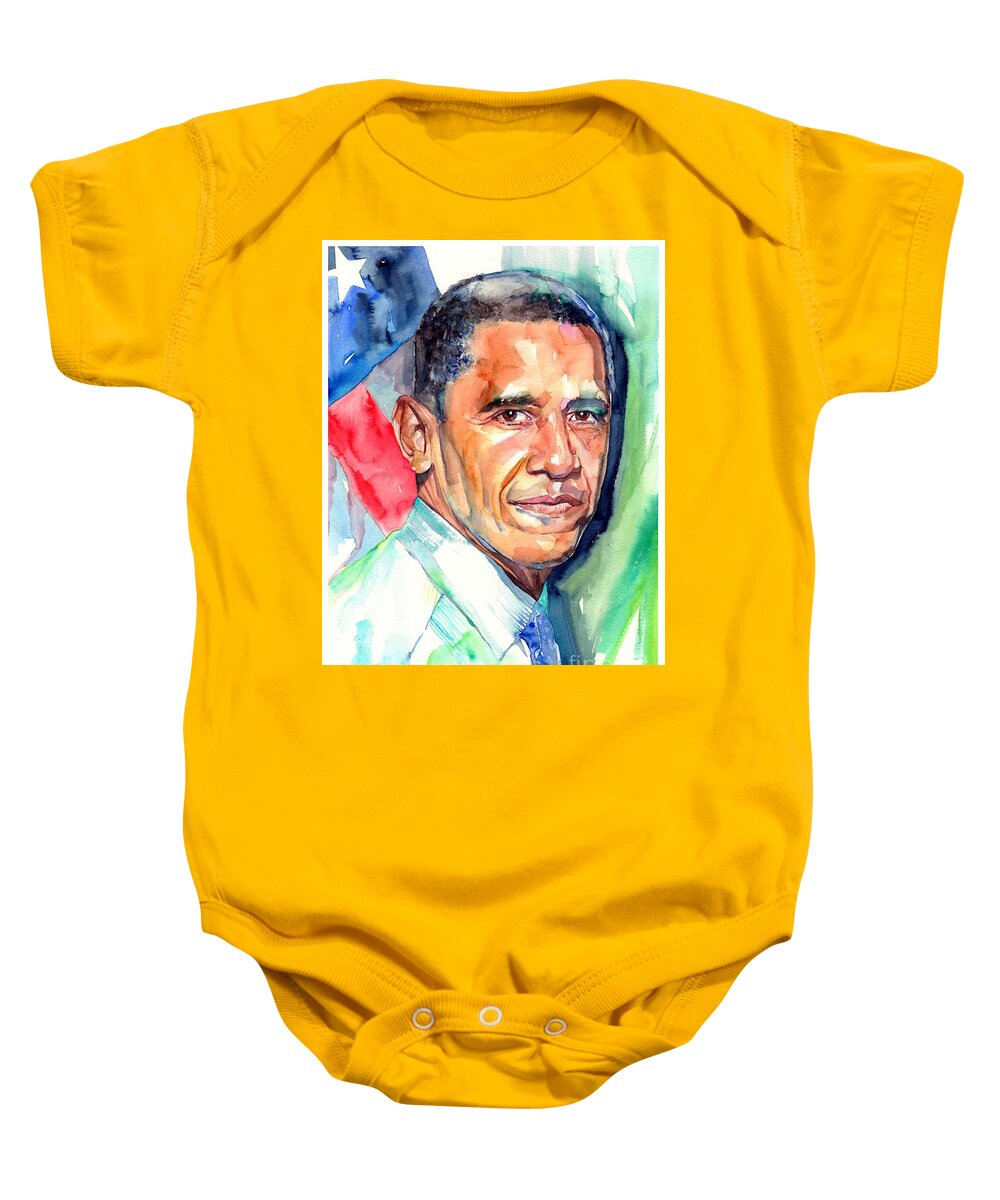 Barack Obama Baby Onesie featuring the painting Barack Obama Watercolor by Suzann Sines