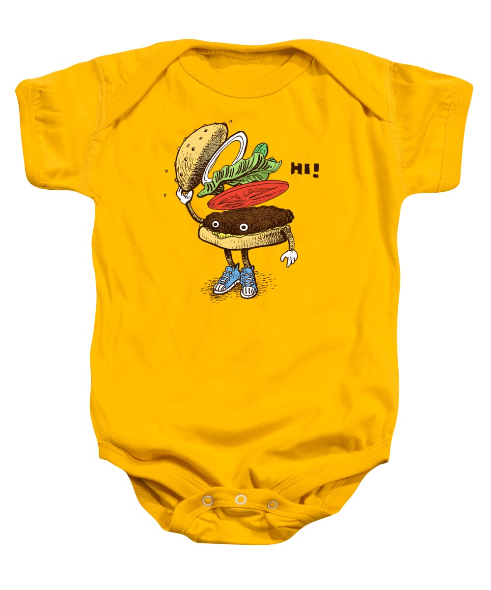 Burger Baby Onesie featuring the drawing Burger Greeting by Eric Fan