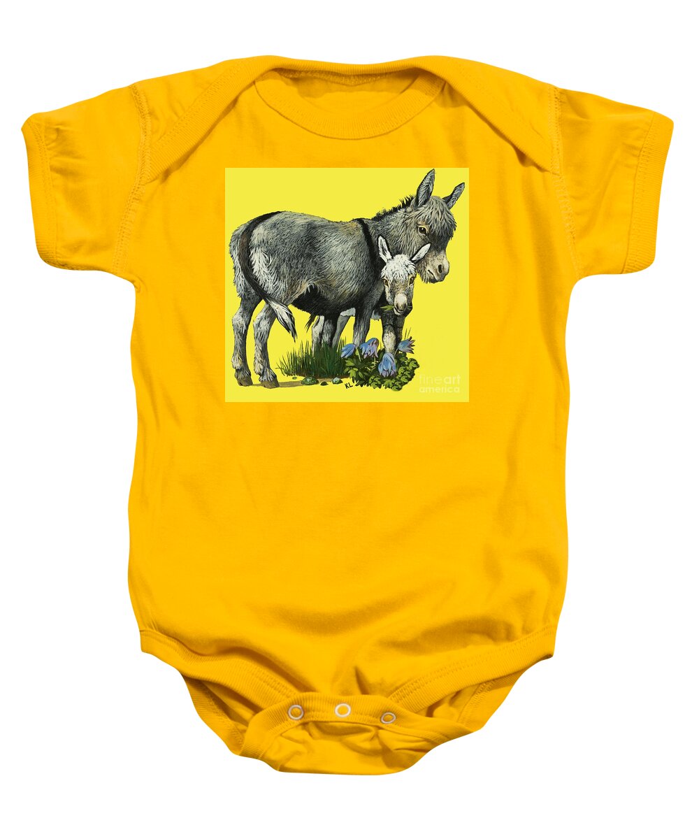 Animals Baby Onesie featuring the painting Donkey And Donkey Foal by English School