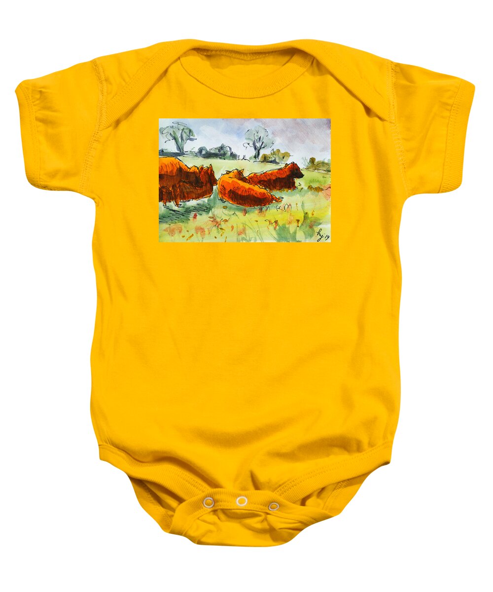 Red Poll Baby Onesie featuring the painting Four red poll cattle lying down in field watercolour landscape cow en plein air painting by Mike Jory