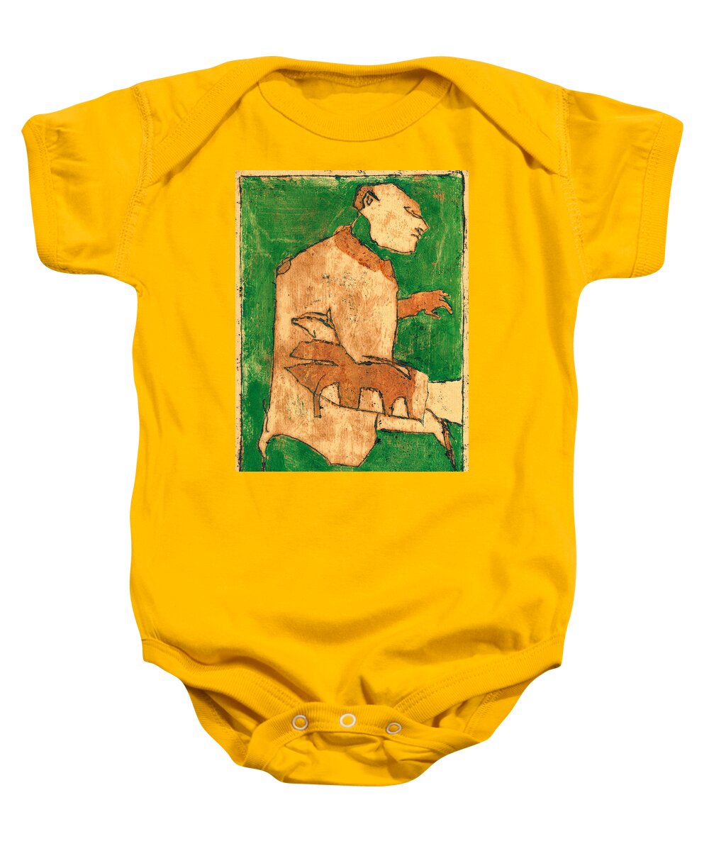 Green Baby Onesie featuring the painting Green Man and his pet dog portrait by Edgeworth Johnstone