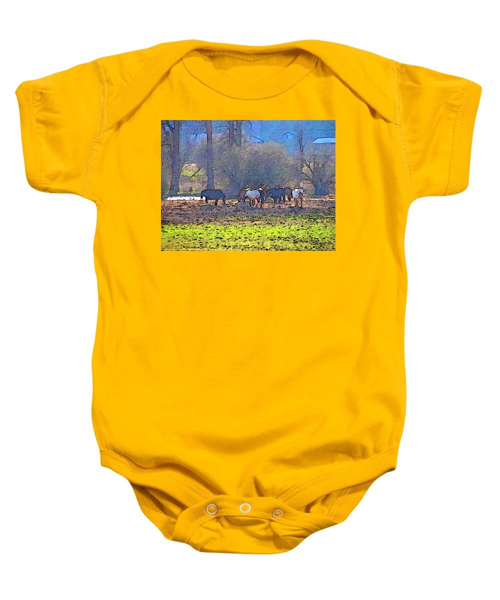 Horse Baby Onesie featuring the photograph Horses Eating Hay by Robert Bissett