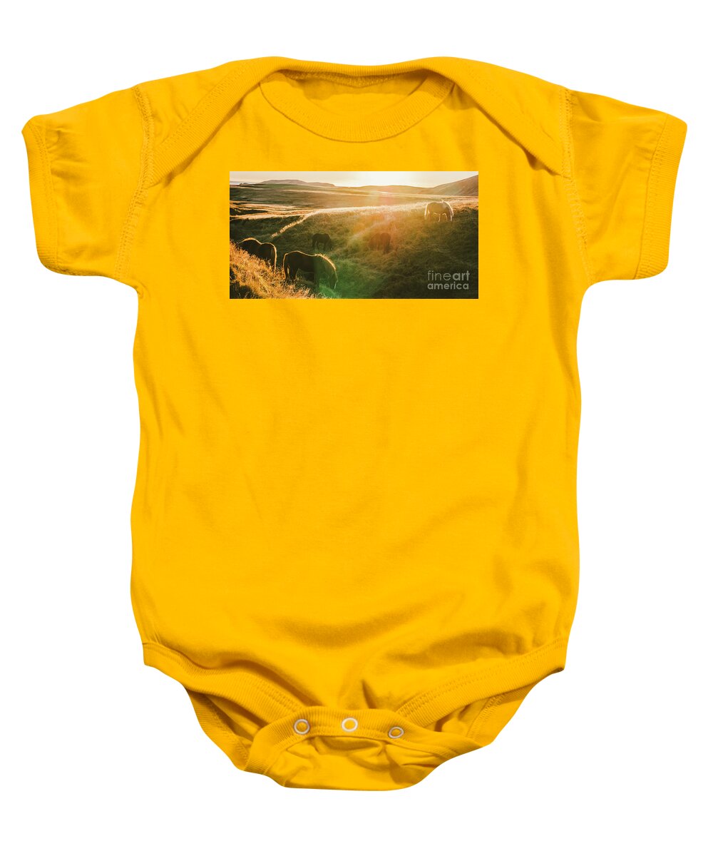 Animal Baby Onesie featuring the photograph Icelandic landscapes, sunset in a meadow with horses grazing ba by Joaquin Corbalan