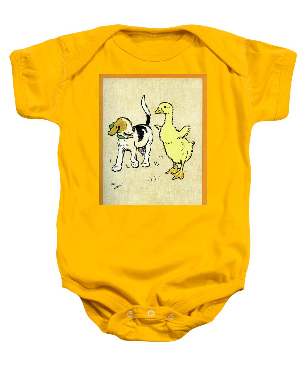 Puppy Baby Onesie featuring the mixed media Illustration of puppy and gosling by Cecil Aldin