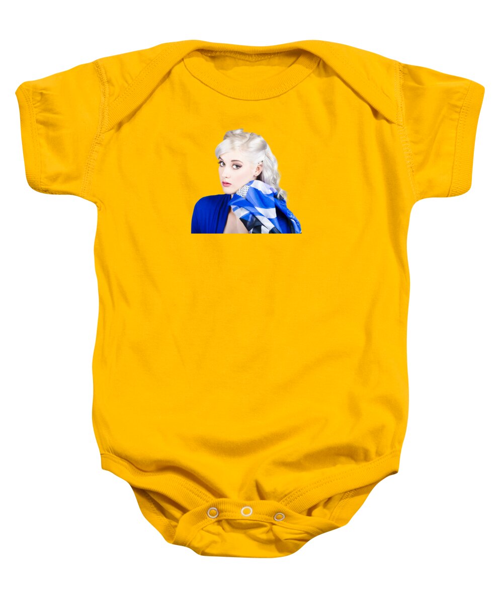 Retro Baby Onesie featuring the photograph Old fashion portrait. Pinup woman with classic hair by Jorgo Photography