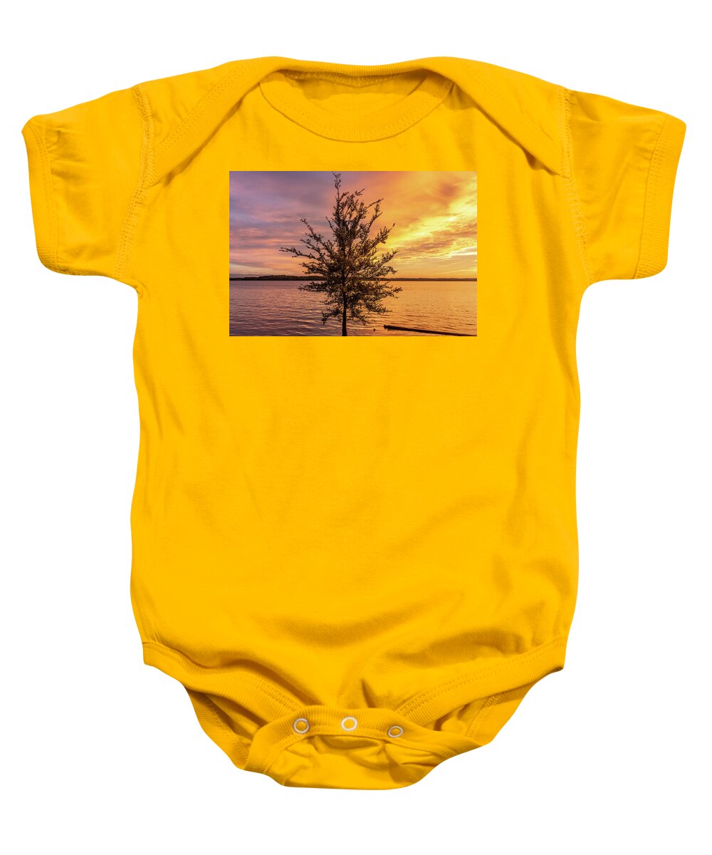 Percy Priest Lake Baby Onesie featuring the photograph Percy Priest Lake Sunset Young Tree by D K Wall