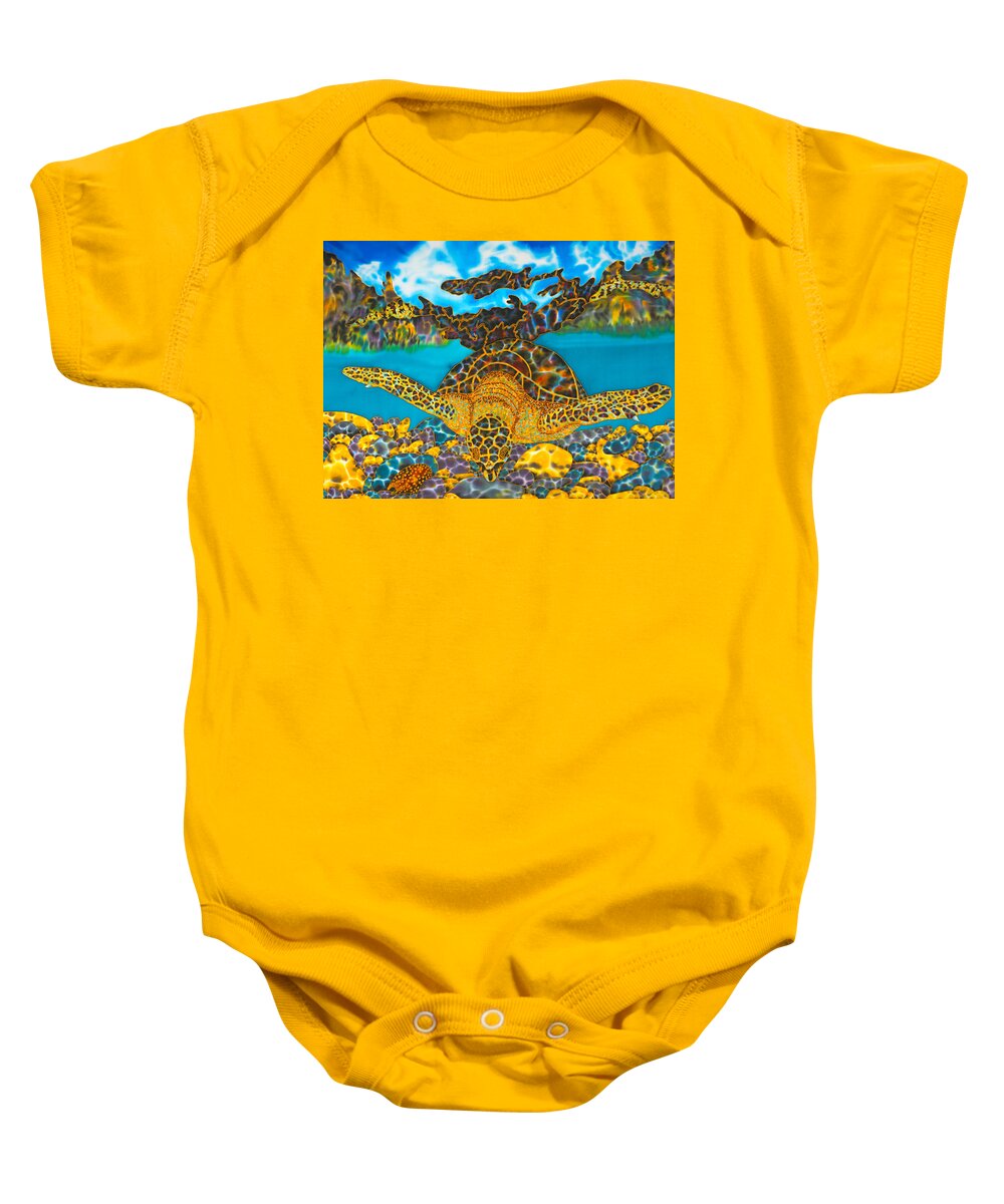 Sea Turtle Baby Onesie featuring the painting Sea Turtle and Atlantic Cowrie Shell by Daniel Jean-Baptiste