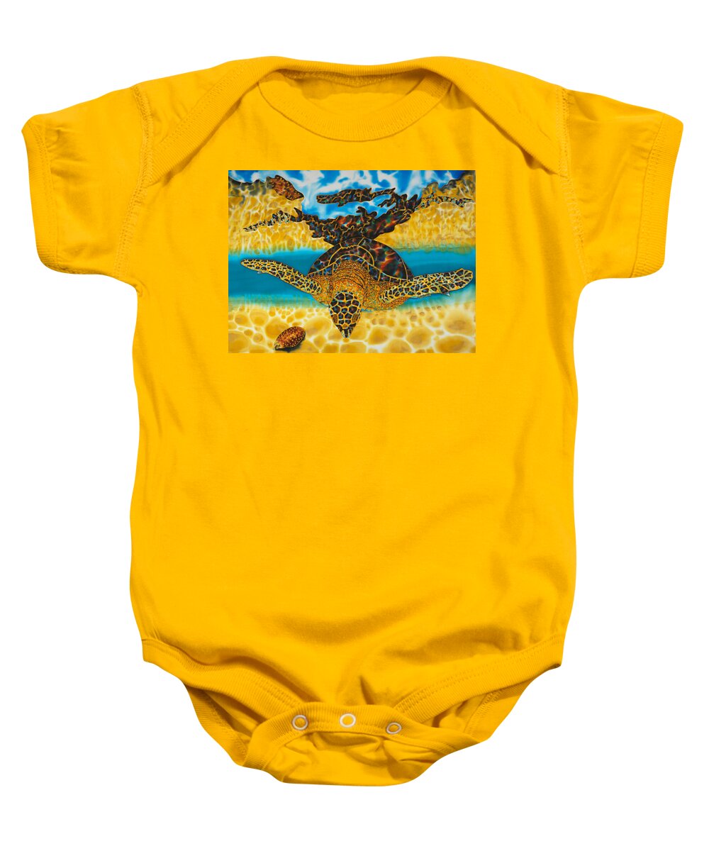 Sea Turtle Baby Onesie featuring the painting Sea Turtle and Sea Shell by Daniel Jean-Baptiste