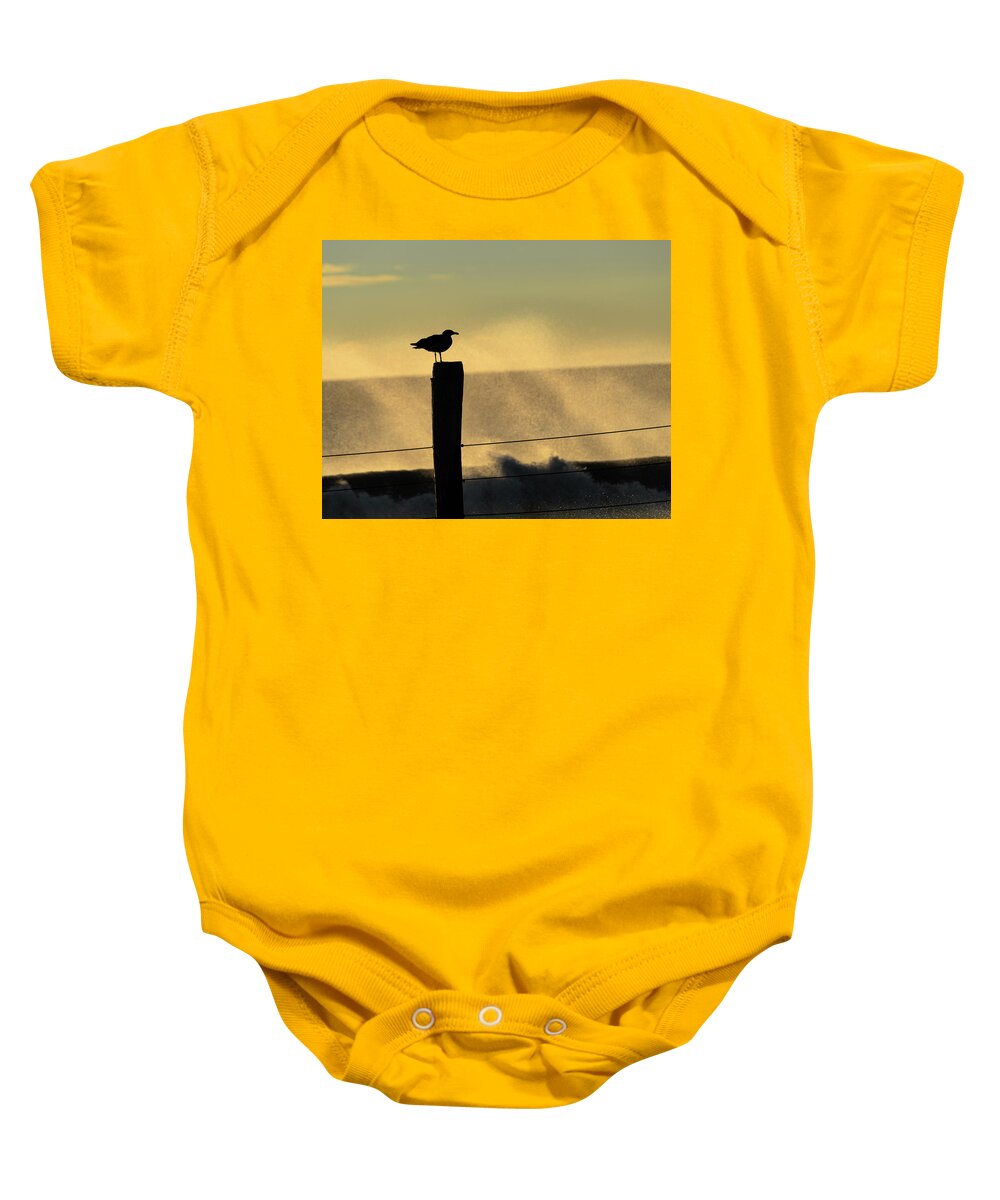 Silhouette Baby Onesie featuring the photograph Seagull Silhouette on a Piling by William Dickman