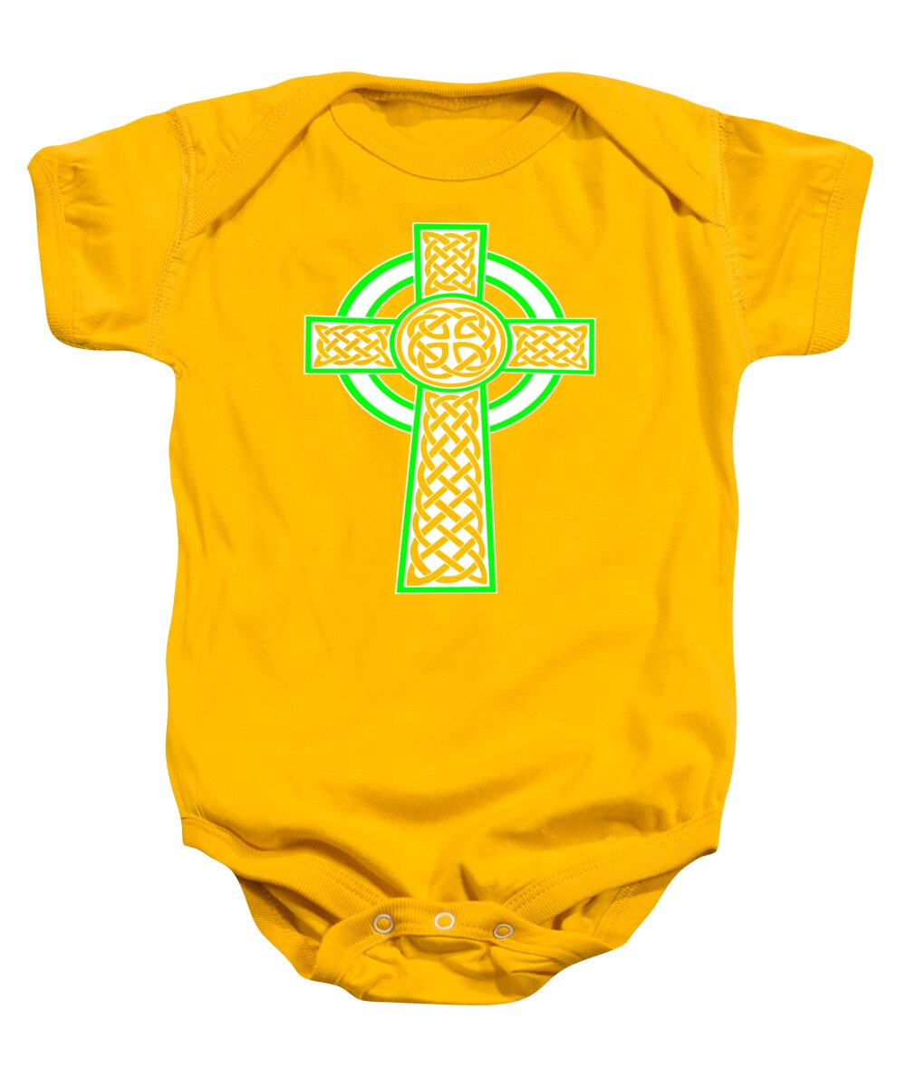 Celtic Cross Baby Onesie featuring the digital art St Patrick's Day Celtic Cross White and Green by Taiche Acrylic Art