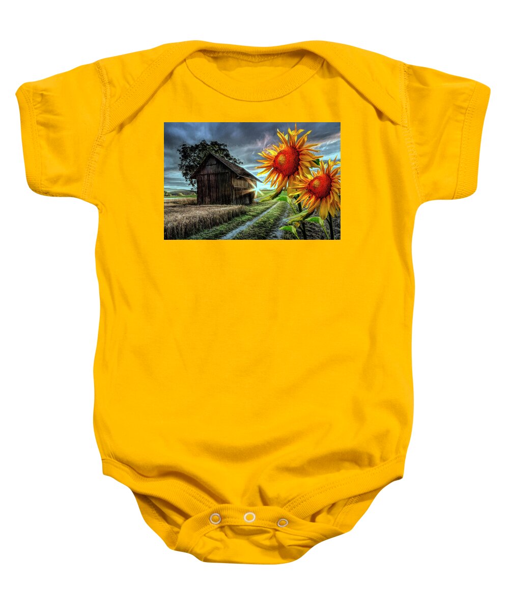 American Baby Onesie featuring the photograph Sunflower Watch at Nightfall by Debra and Dave Vanderlaan