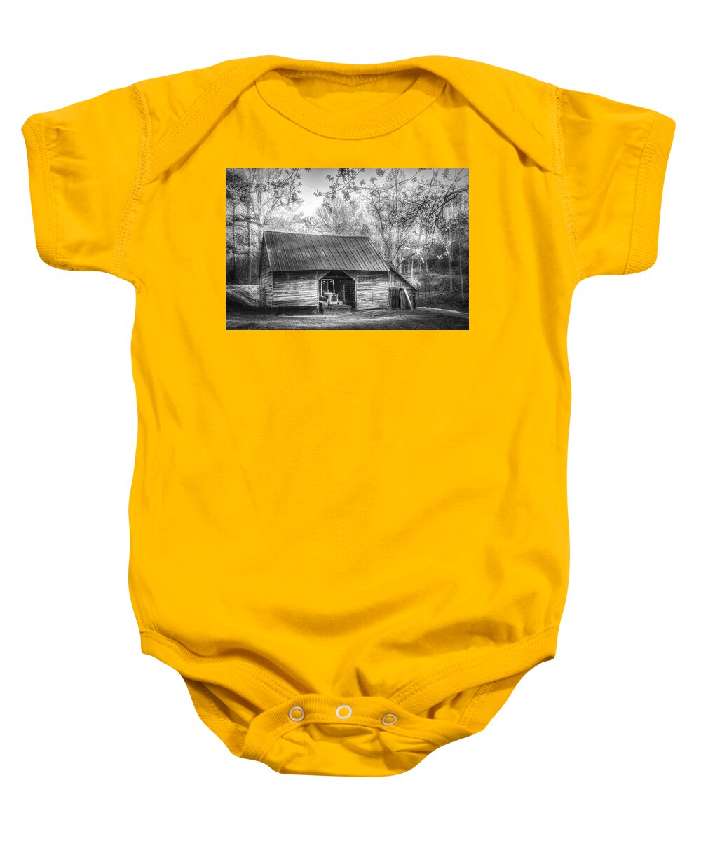 Barn Baby Onesie featuring the photograph Sunlight on the Barn in Spring in Black and White by Debra and Dave Vanderlaan