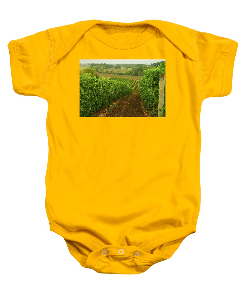 Vineyard Baby Onesie featuring the photograph Drink Up The Sights Of This Bucolic Spring Vineyard by Leslie Struxness