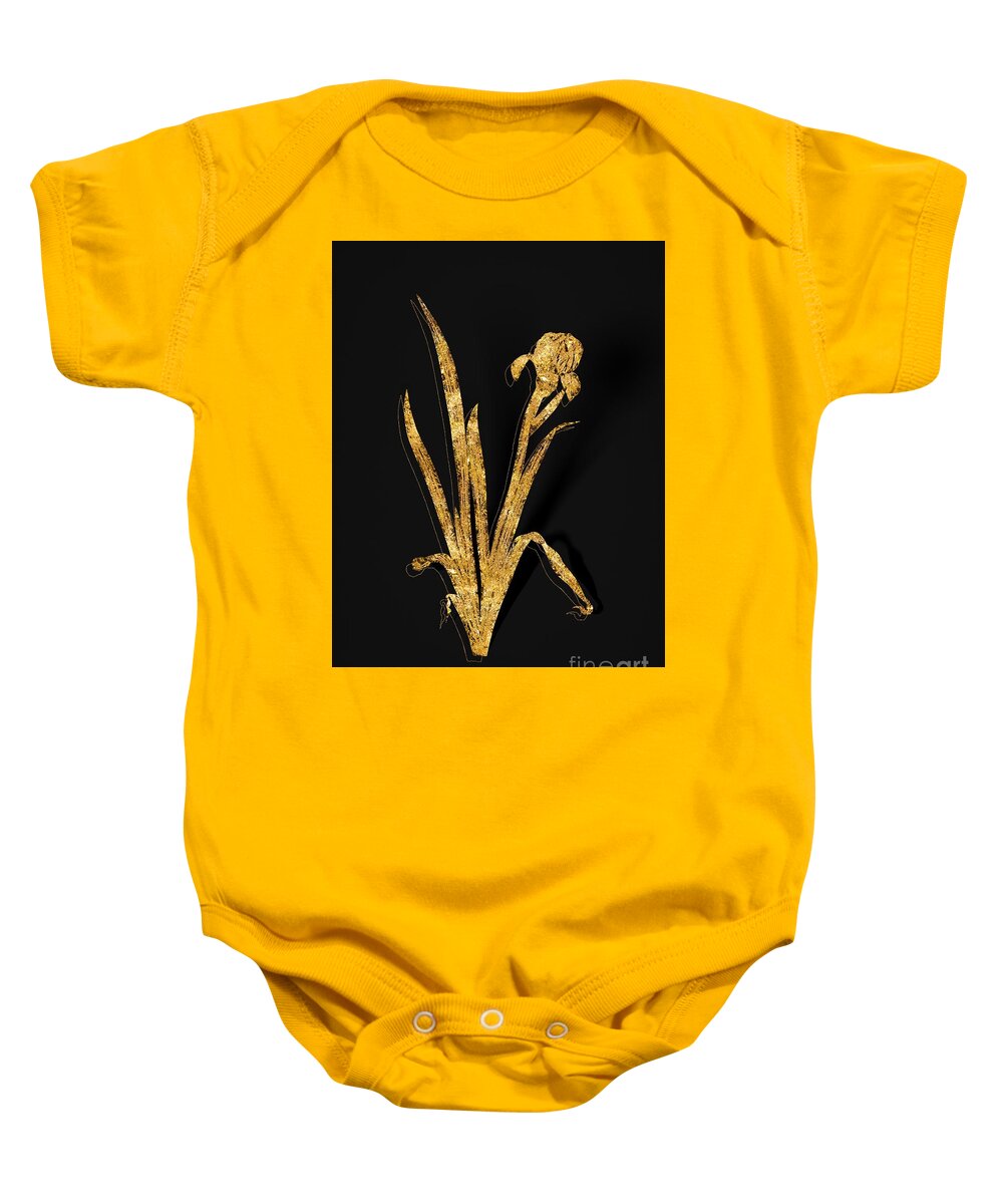 Vintage Baby Onesie featuring the mixed media Gold Crimean Iris Botanical Illustration on Black by Holy Rock Design