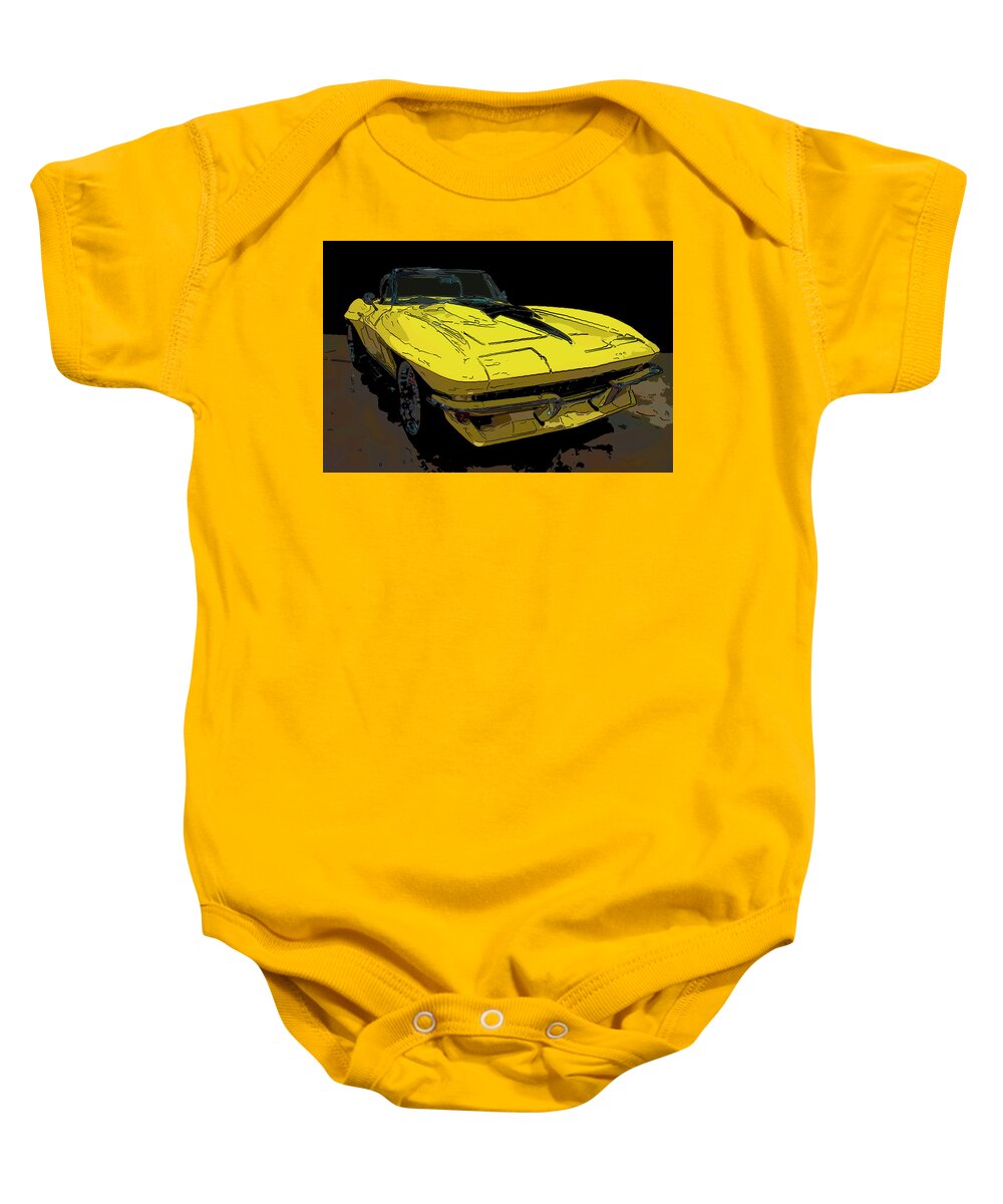 1967 Chevy Corvette Convertible Yellow Baby Onesie featuring the drawing 1967 Chevy Corvette convertible yellow digital drawing by Flees Photos