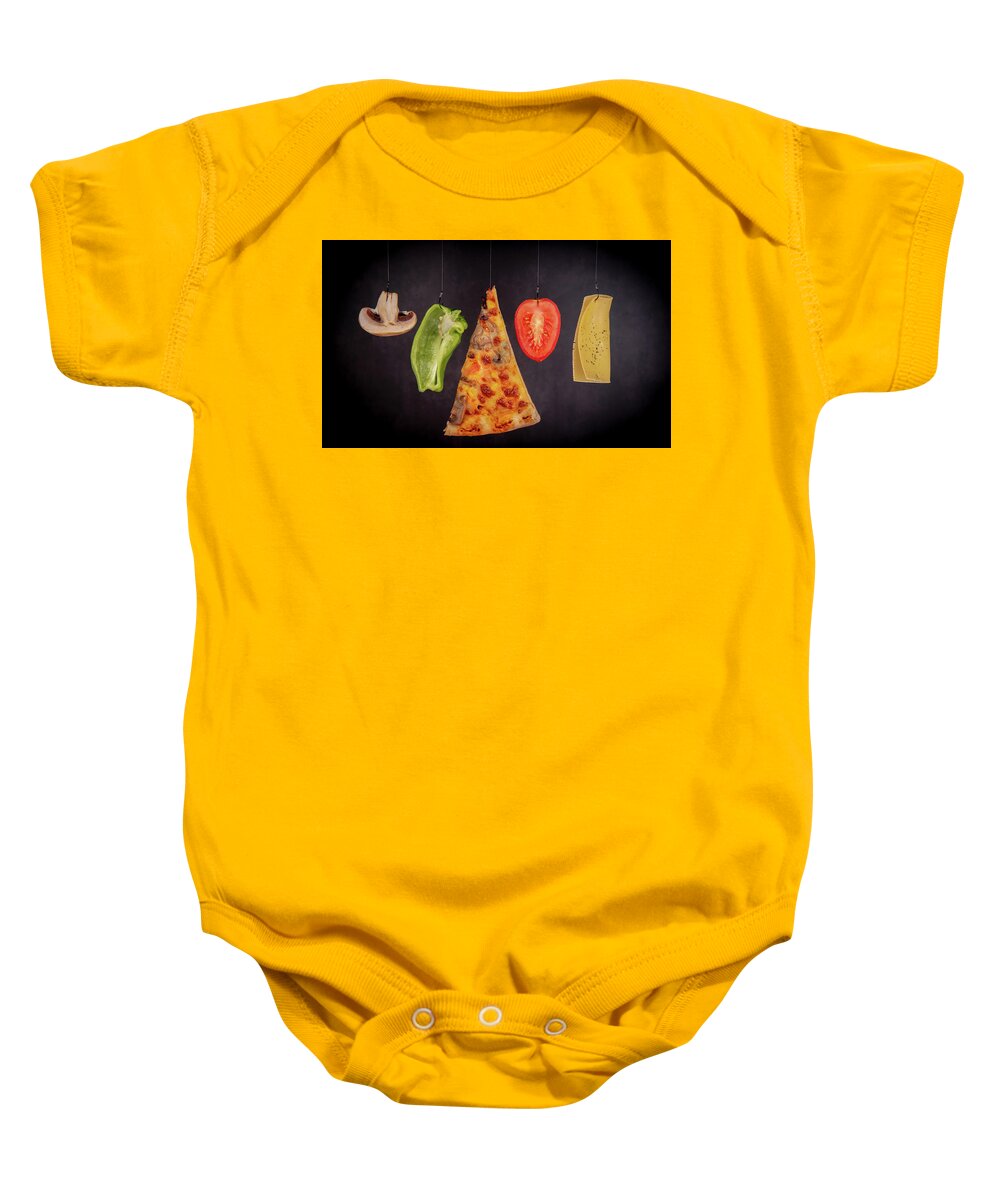 Pizza Baby Onesie featuring the photograph Slice of mozzarella pizza tomato cheese peeper and mushroom ingredients #1 by Michalakis Ppalis