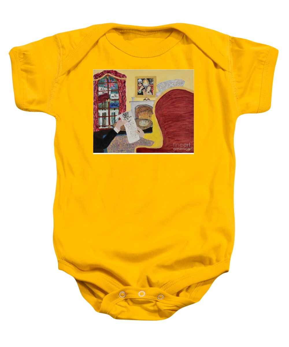 Queen Elizabeth Baby Onesie featuring the painting A Royal Dilemma by David Westwood