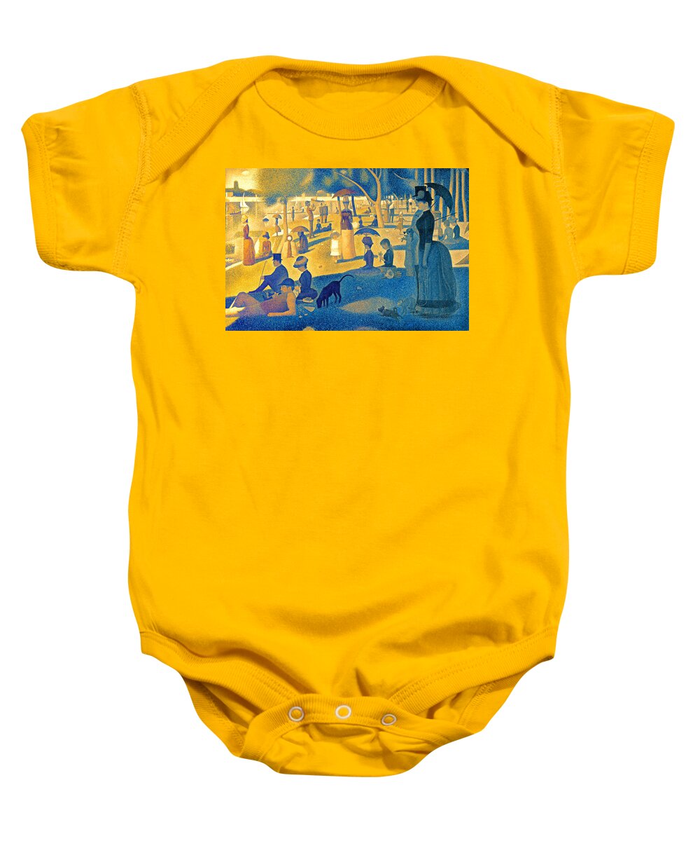 A Sunday Afternoon On The Island Of La Grande Jatte Baby Onesie featuring the digital art A Sunday Afternoon on the Island of La Grande Jatte - digital recreation in blue and orange by Nicko Prints