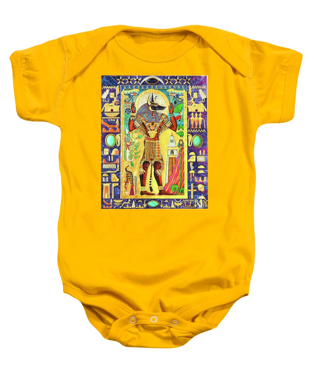 Anpu Baby Onesie featuring the mixed media Anpu Lord of the Sacred Land by Ptahmassu Nofra-Uaa