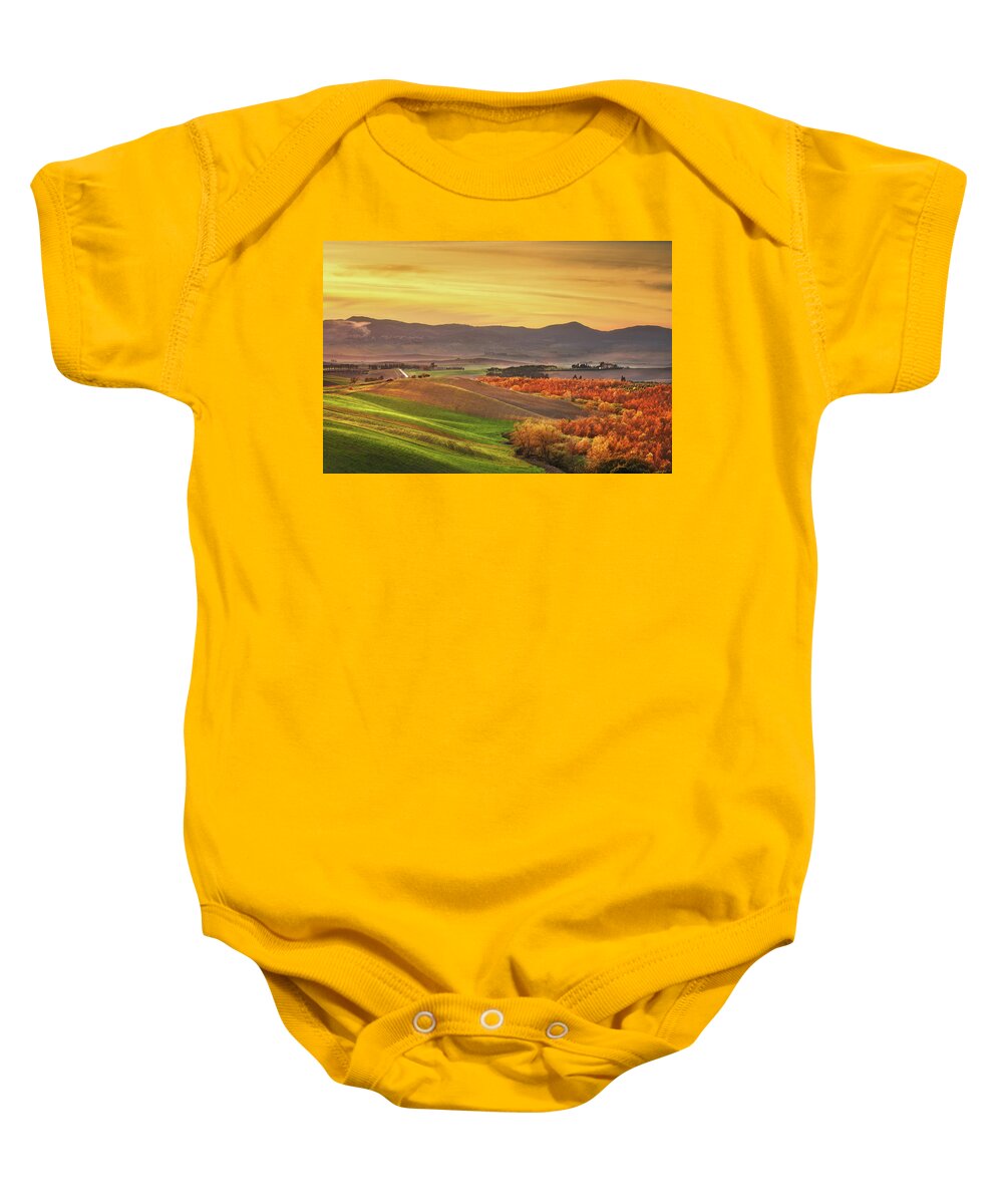 Autumn Baby Onesie featuring the photograph Autumn in Tuscany, rolling hills and woods. Santa Luce by Stefano Orazzini