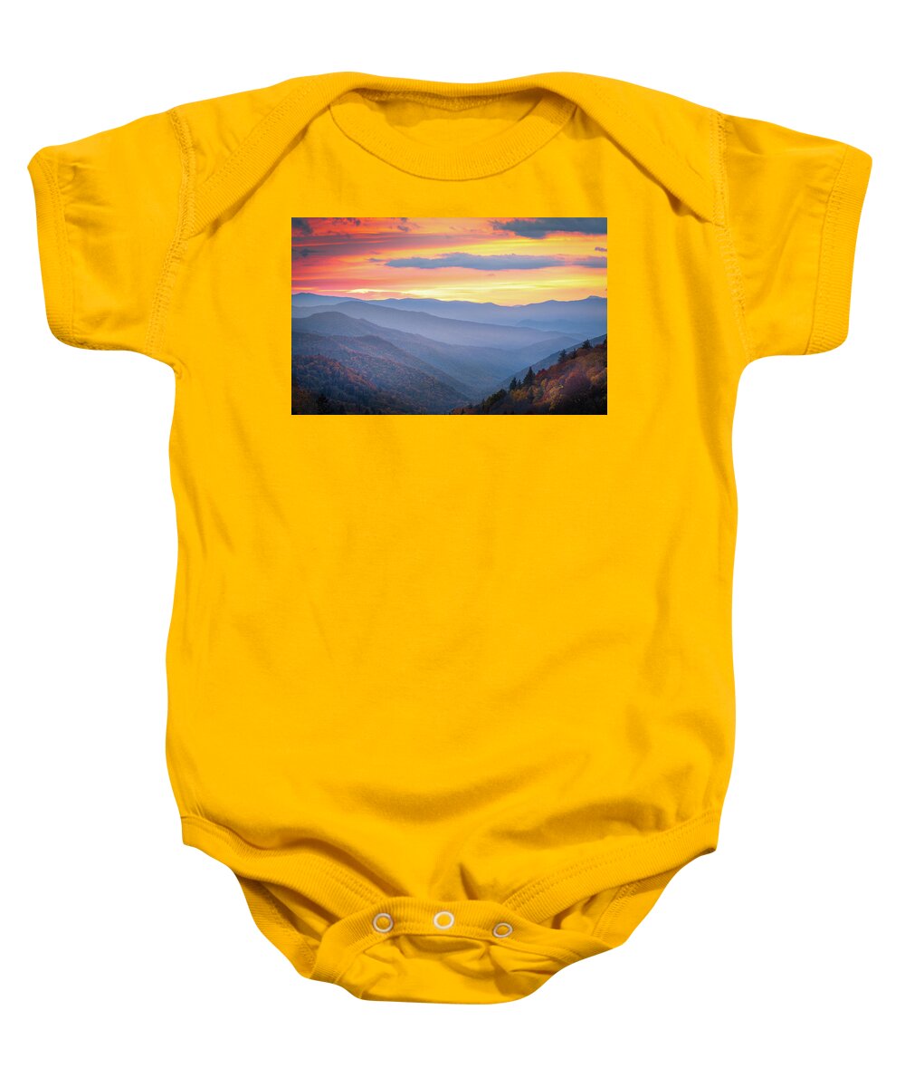 Oconaluftee Valley Baby Onesie featuring the photograph Autumn Sunrise In Smoky Mountain National Park by Jordan Hill