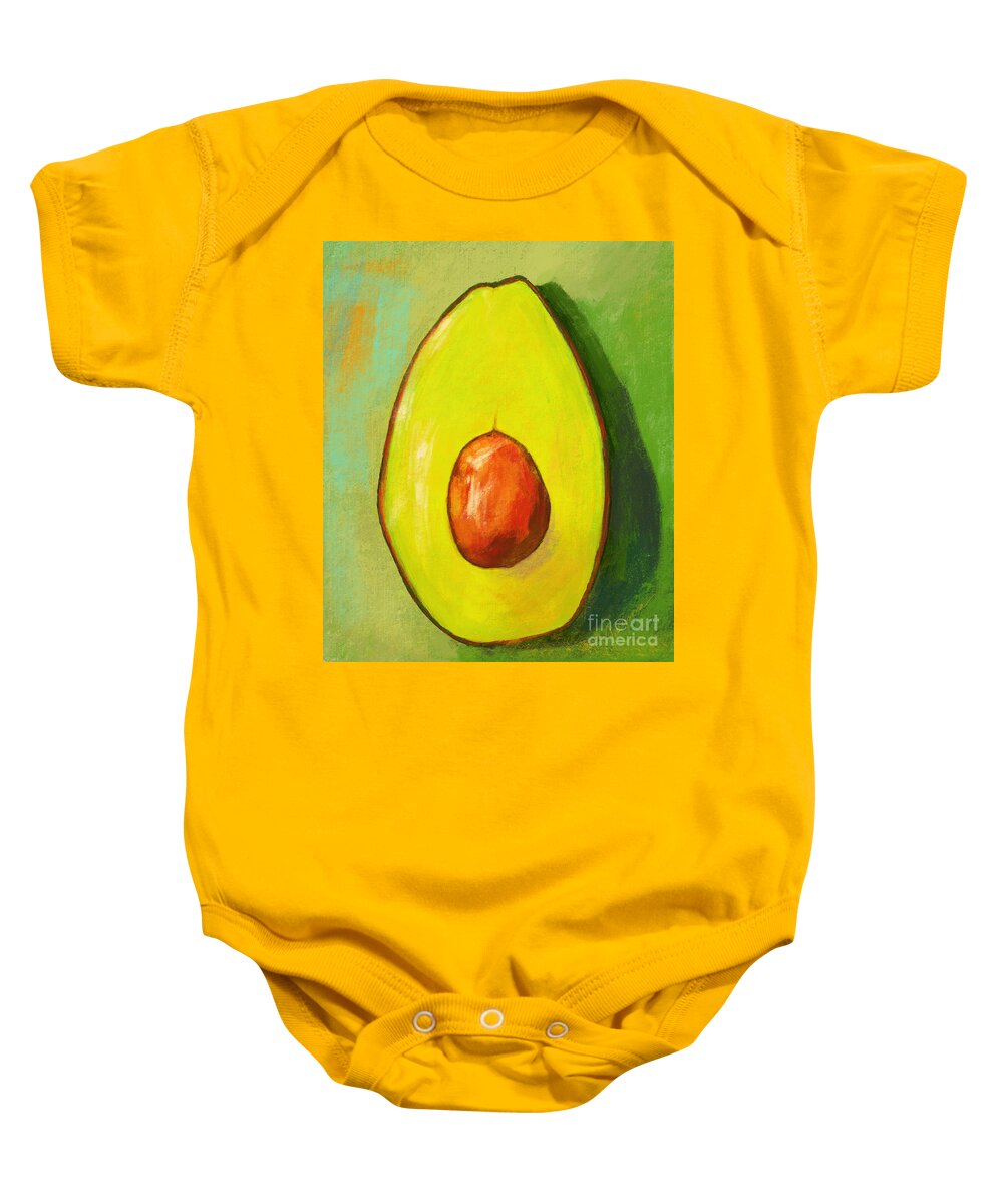 Green Avocado Baby Onesie featuring the painting Avocado Half with Seed Kitchen Decor with Green Background by Patricia Awapara