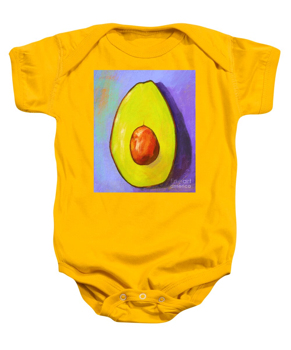 Green Avocado Baby Onesie featuring the painting Avocado Half with Seed Kitchen Decor in Lavender by Patricia Awapara