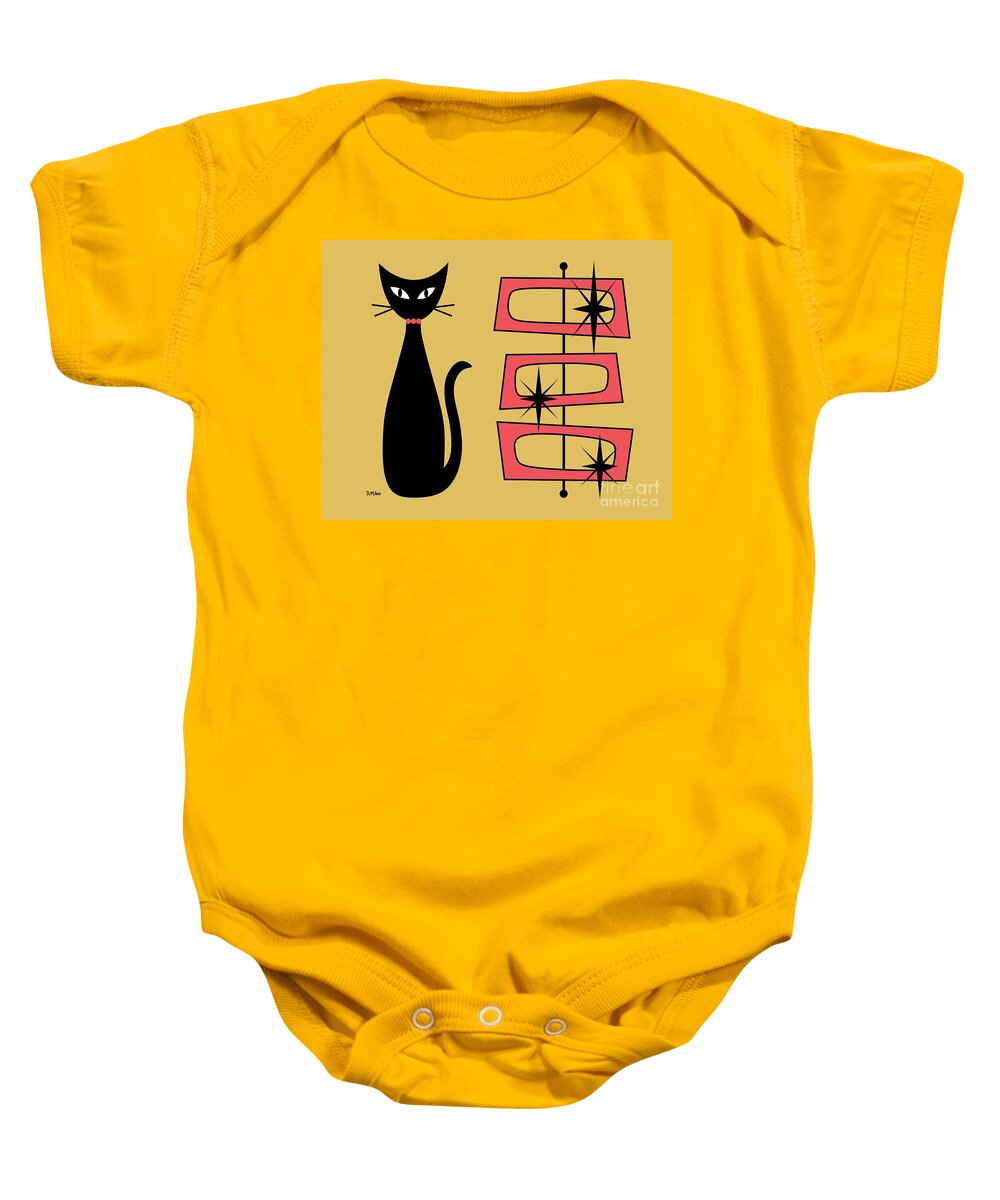 Mid Century Cat Baby Onesie featuring the digital art Black Cat with Mod Rectangles Yellow by Donna Mibus