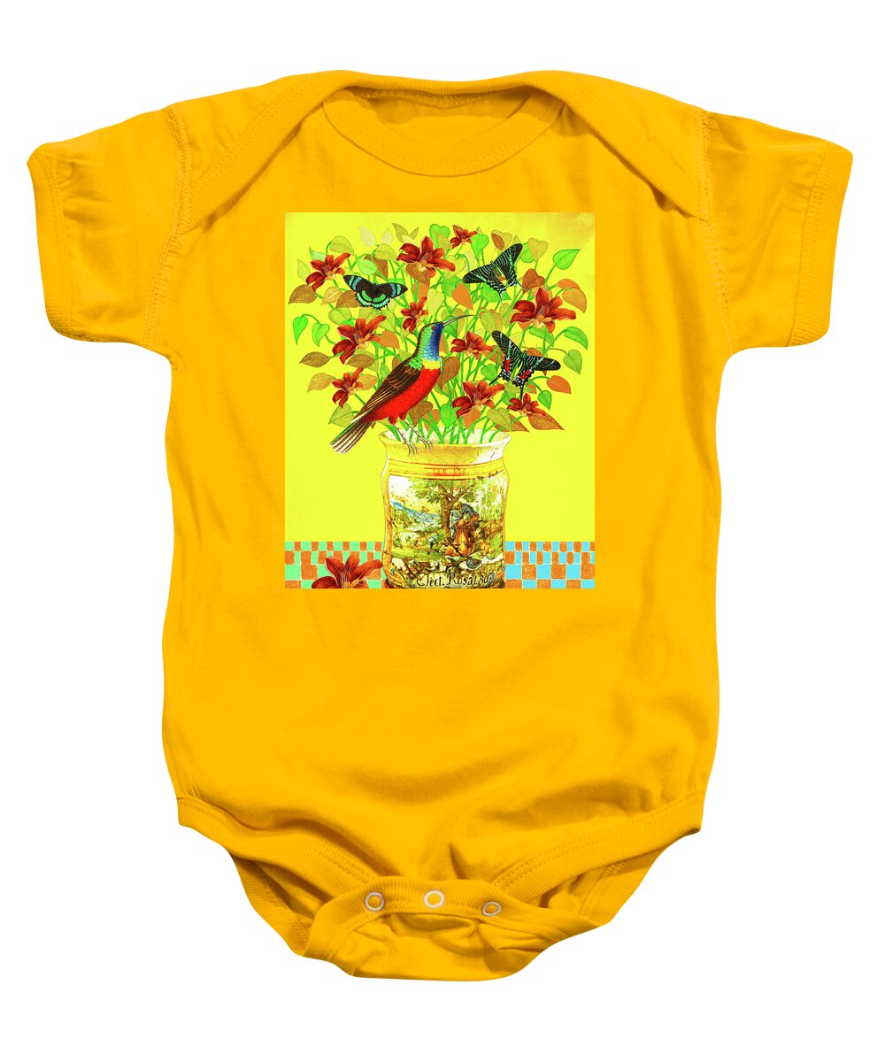 Bouquet Baby Onesie featuring the mixed media Bouquet in an Apothecary Jar by Lorena Cassady