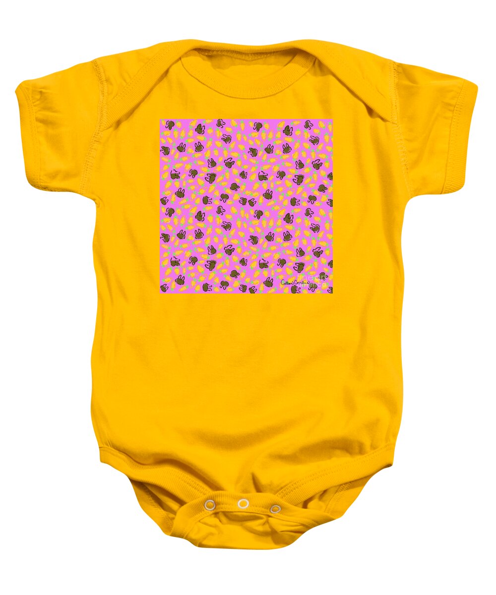 Bunny Baby Onesie featuring the digital art Brown Bunnies and Orange Carrots on Easter Egg Purple by Colleen Cornelius