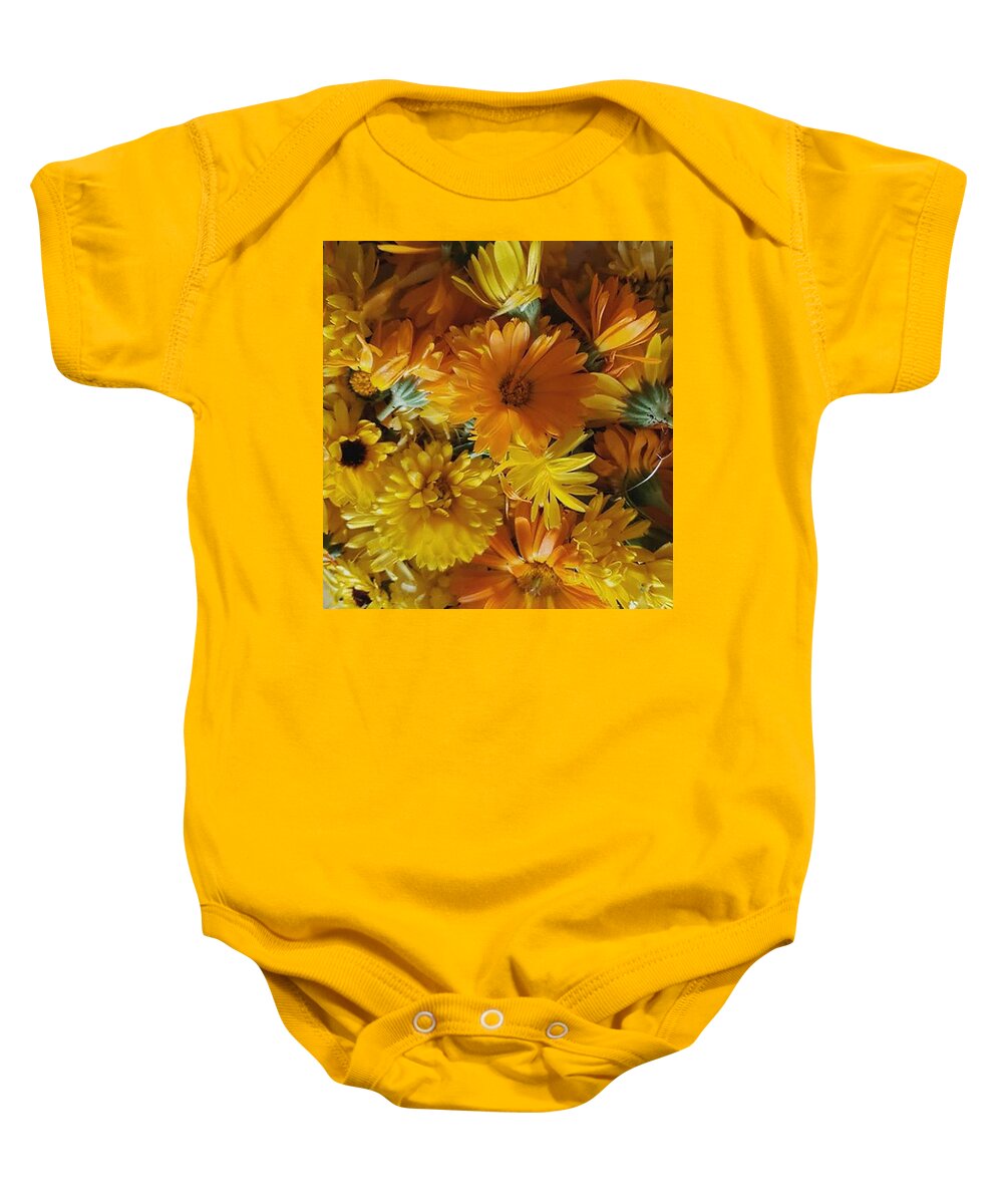 Orange Baby Onesie featuring the photograph Calendula Blossom Sunrise by Vicki Noble