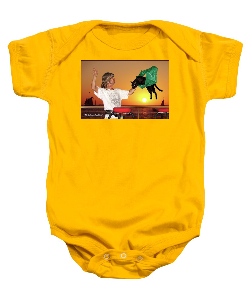 Cat Man; Key West Baby Onesie featuring the digital art The Cat Man Key West w/title by R C Fulwiler