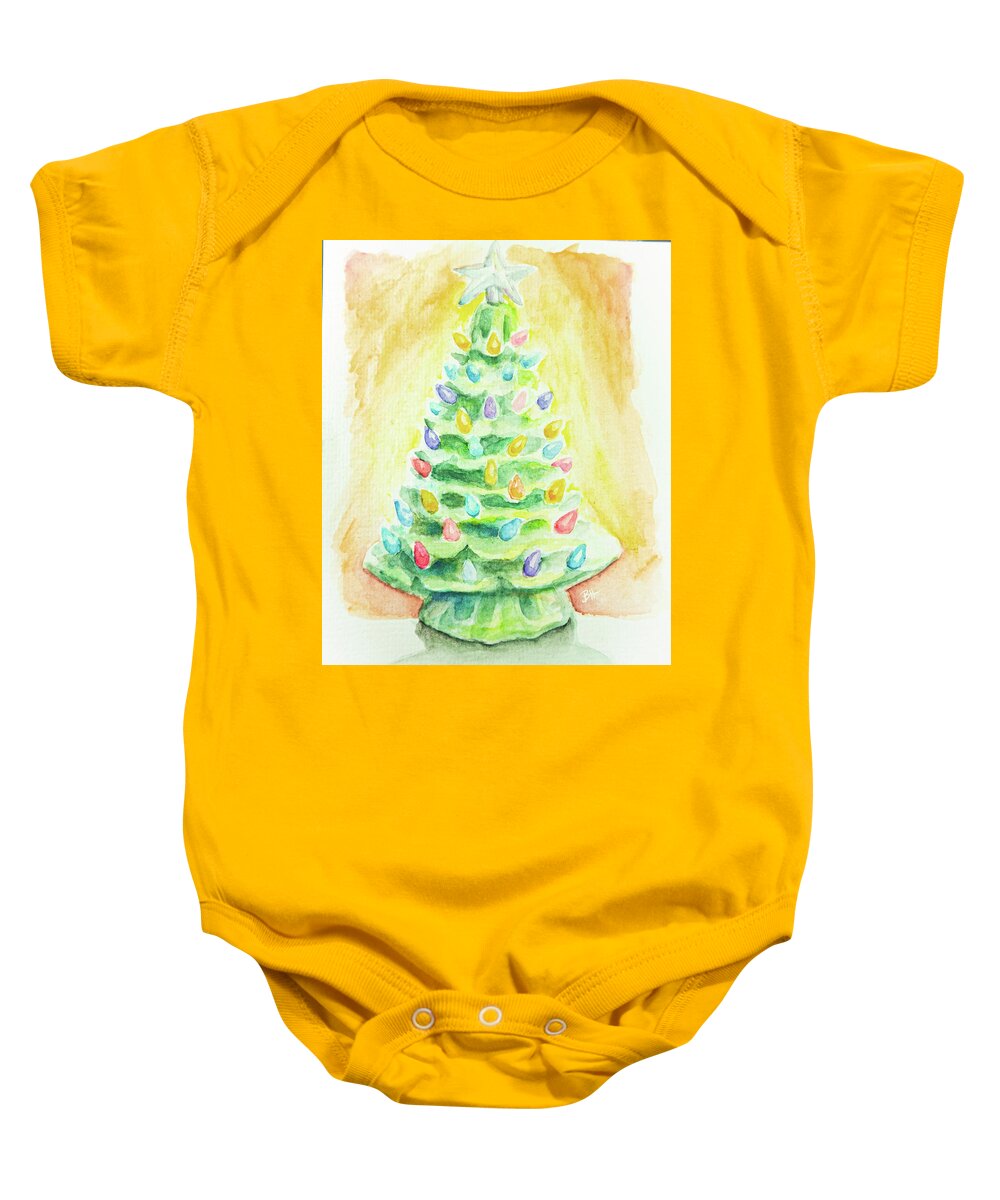 Christmas Baby Onesie featuring the painting Ceramic Christmas Tree with Lights by Brett Hardin