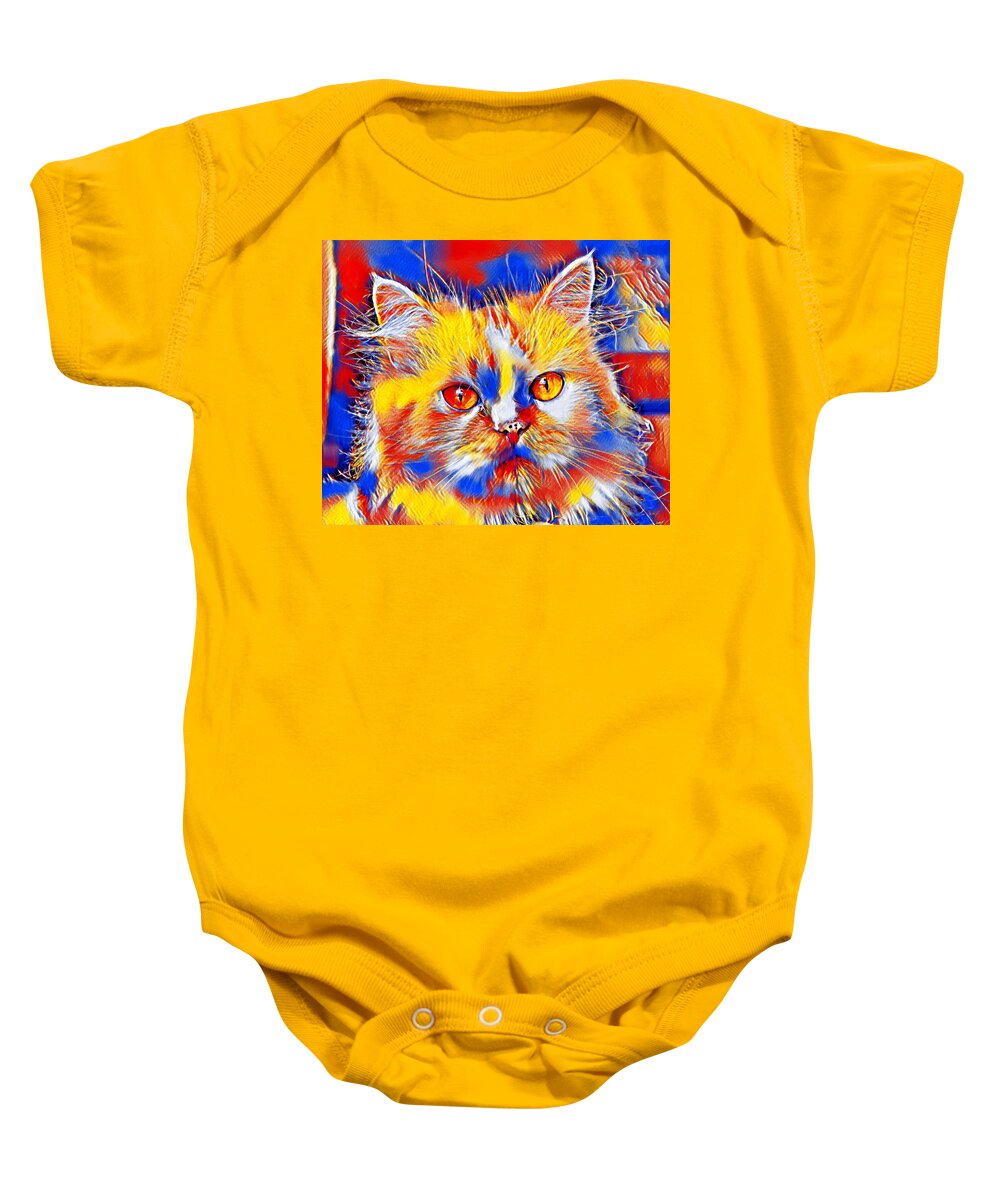 Persian Cat Baby Onesie featuring the digital art Cute colorful Persian cat in blue, red and yellow by Nicko Prints