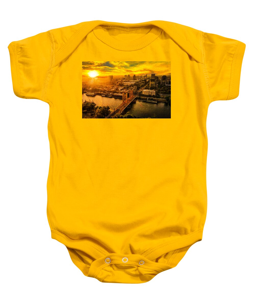 Sacramento Baby Onesie featuring the digital art Downtown Sacramento and Tower Bridge at sunset - digital painting by Nicko Prints