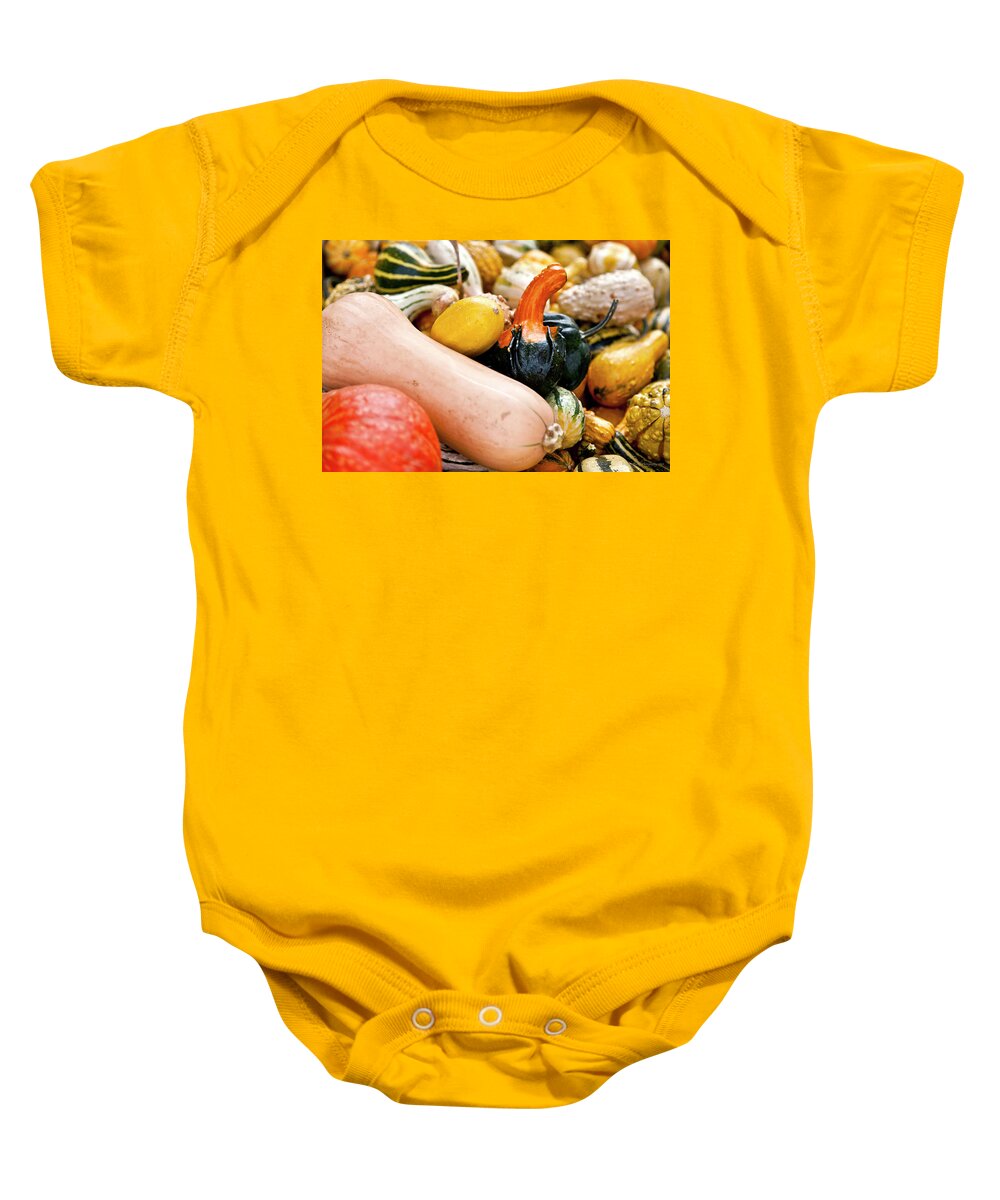 Gourds Baby Onesie featuring the photograph Fall Gourds by Ryan Huebel