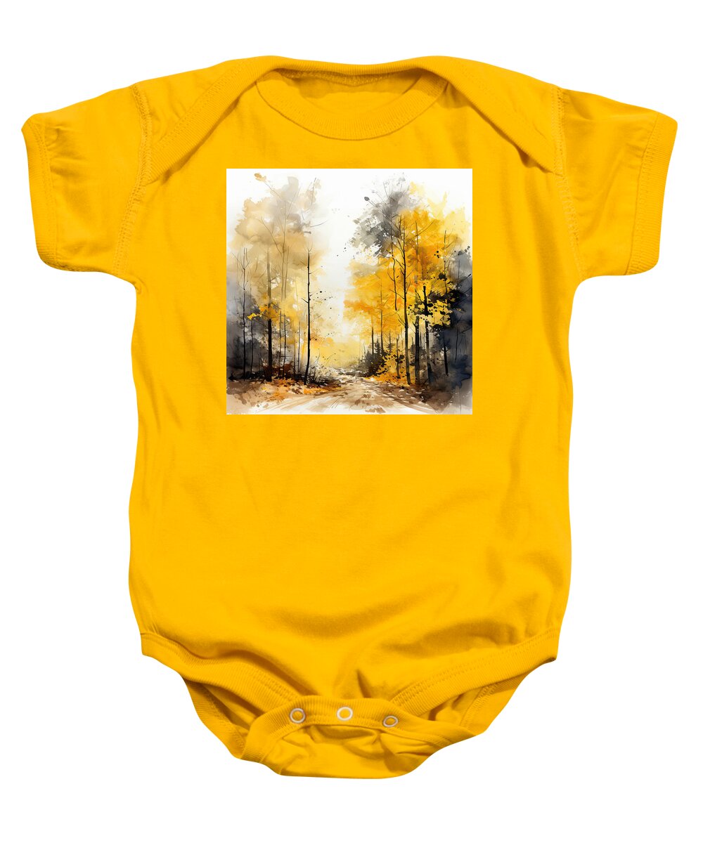 Yellow Baby Onesie featuring the painting Fall Woods - Golden Fall Leaves by Lourry Legarde